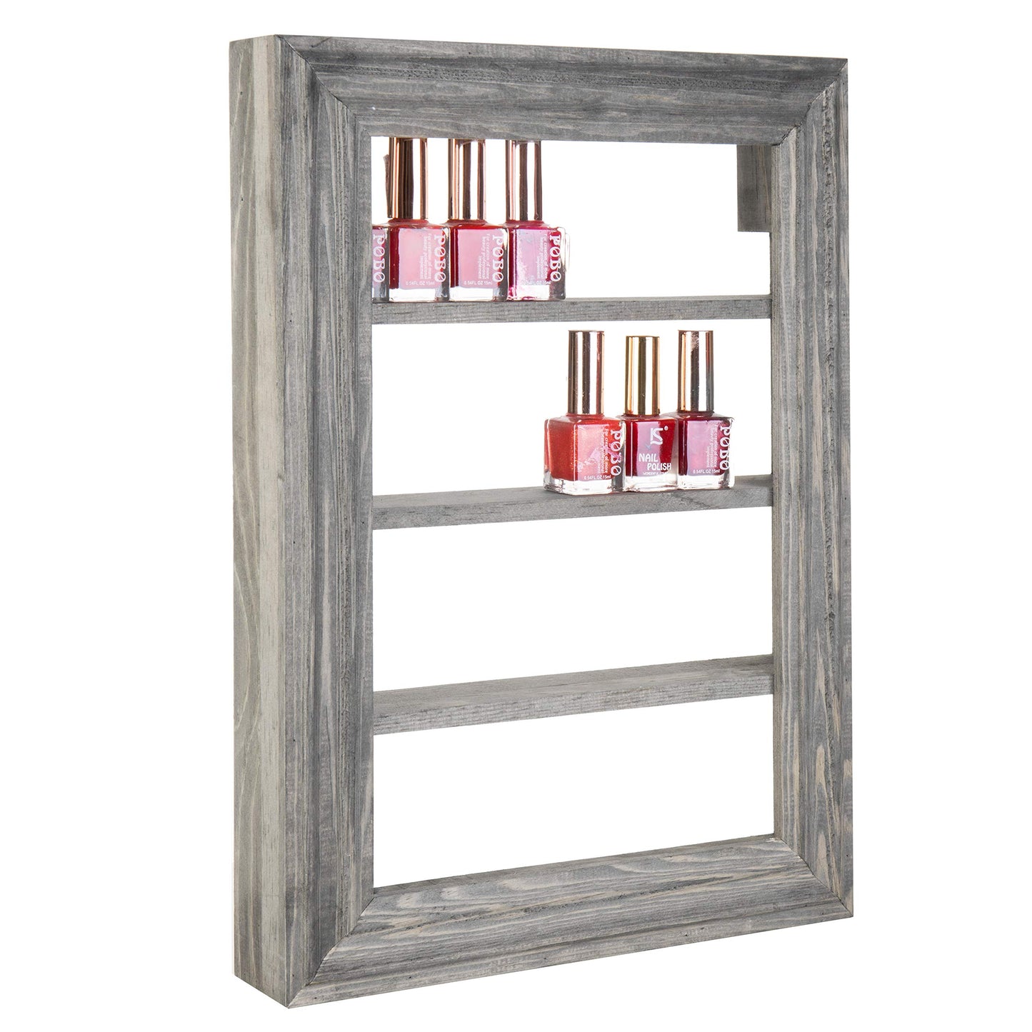 MyGift Vintage Gray Wood Wall Mounted Nail Polish Holder Display Rack with 4 Tier Shelf, Essential Oil Bottle Organizer