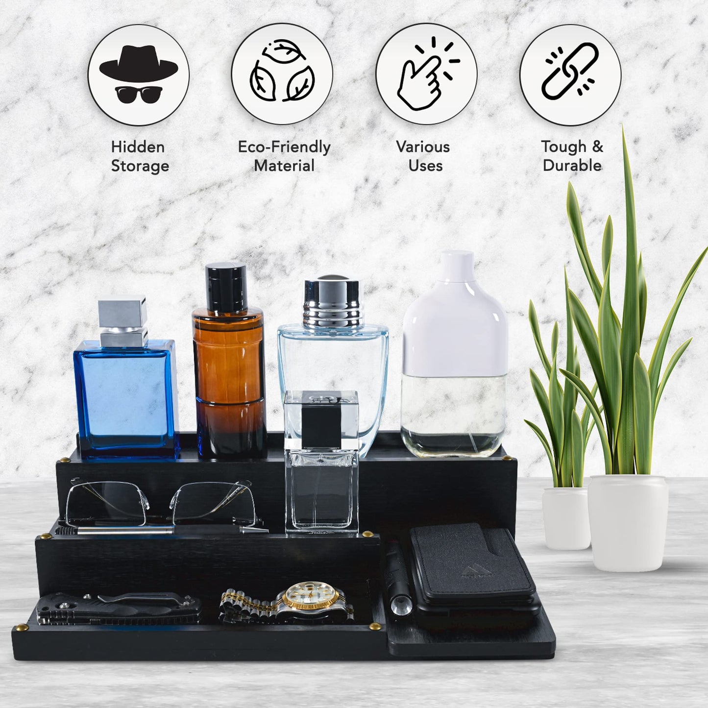 Manzano Essentials Cologne Organizer for Men, Bamboo Wood 4 Tier Display Stand with 2 Hidden Compartments, Perfume, Vanity, Dresser, EDC Organizer, Rustic Black