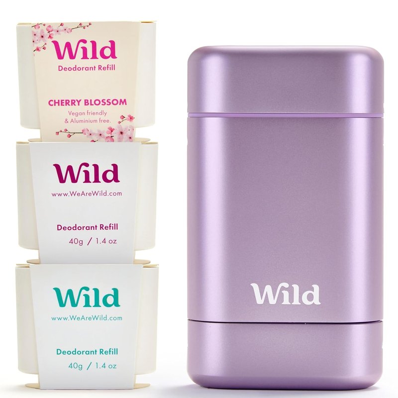 Aluminum Free Deodorant Starter Kit - Refillable Stick with Purple Case | Vegan Variety Pack Scents: Fresh Cotton, Cherry Blossom, Coconut & Vanilla