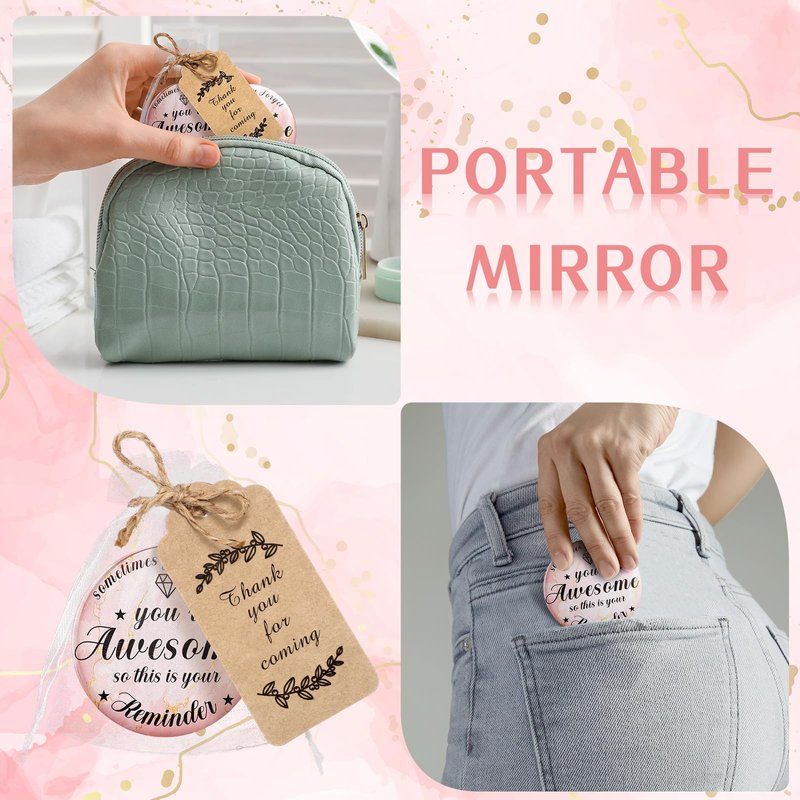 100 Sets 2.76" Inspirational Compact Mirrors Bulk Mother's Day Appreciation Gifts Small Pink Pocket Purse Makeup Mirror Souvenir Bag for Stuffer Items Women Graduation Quinceanera Employee (Awesome)