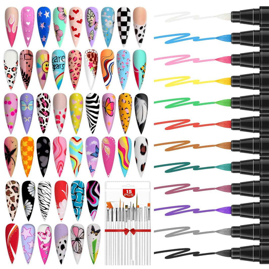 SAVILAND 12 Quick-Dry Nail Art Pens & Gel Paint Kit – 48 Colors, 15 Brushes for DIY Manicure