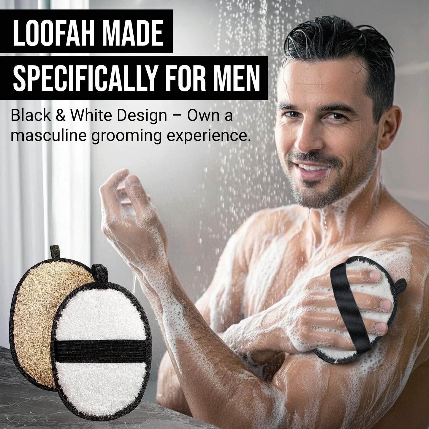 SERRENTO Loofah Body Scrubber Shower - Luffa Sponge 2PCS Black & White Set