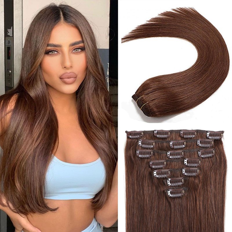 80g Hair Extensions Clip in Human Hair Darker Brown Human Hair Extensions Clip in Real Hair Straight Thick Weft 22 Inch 7pcs