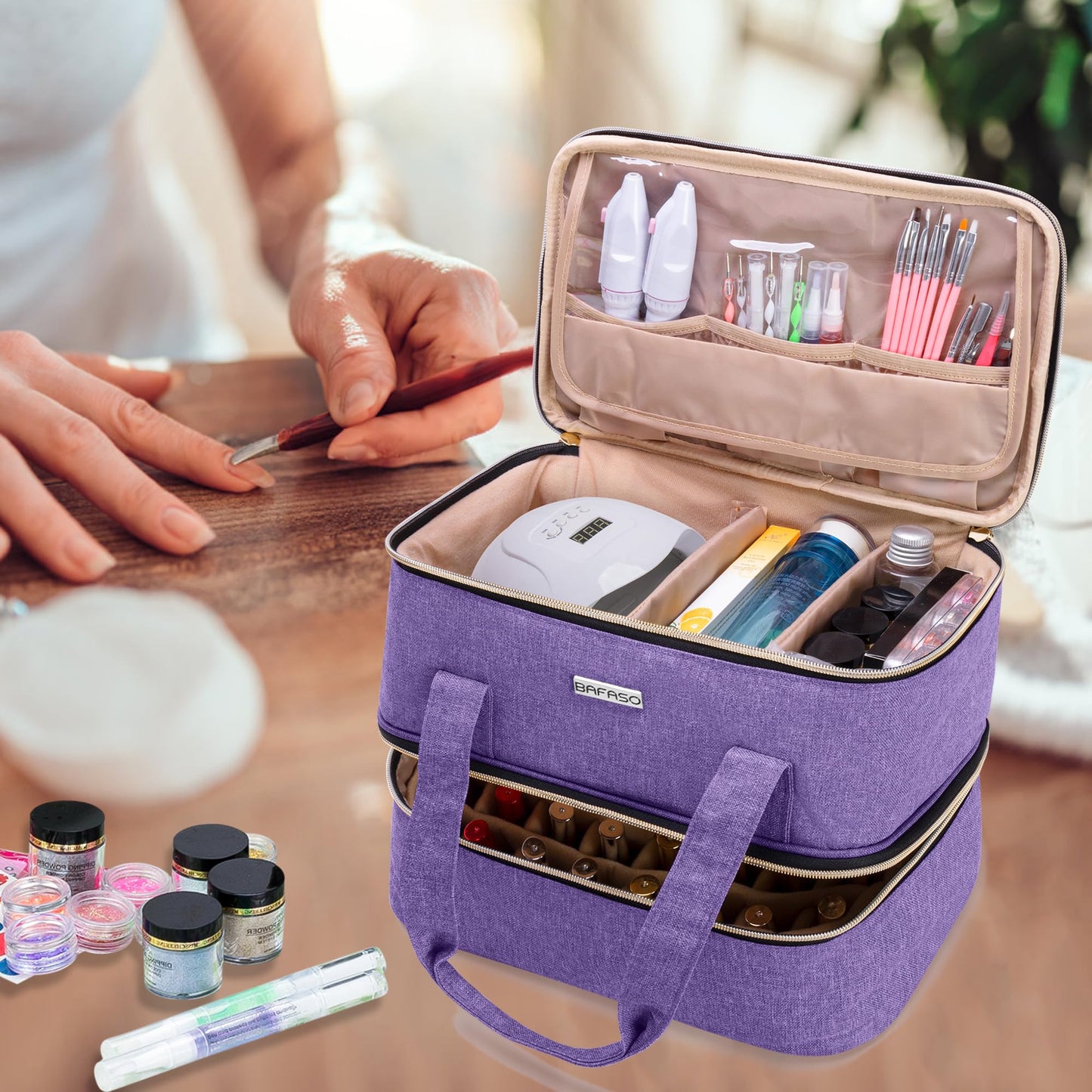 BAFASO Nail Polish Storage Holds 40 Bottles (15ml - 0.5 fl.oz) and a Nail Lamp, Nail Polish Carrying Case with Manicure Tools Sections (BAG ONLY), Purple