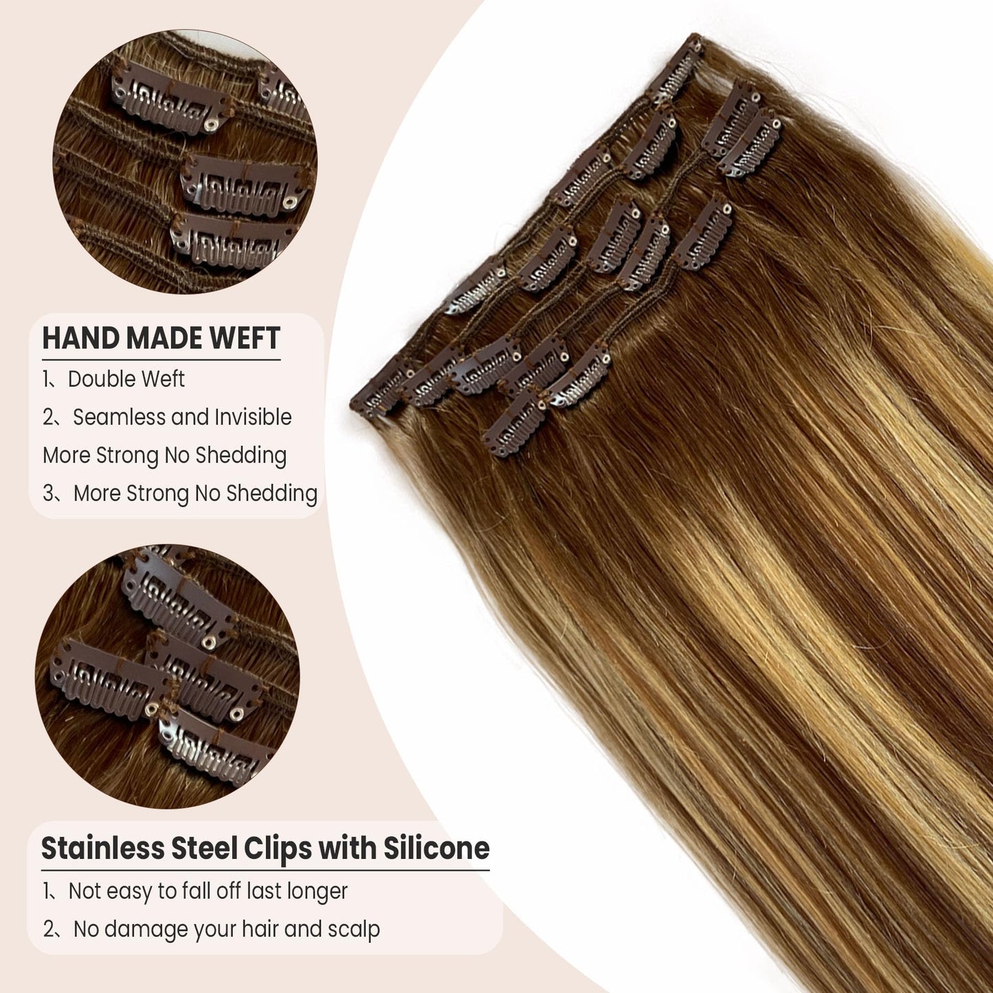 Clip in Hair Extensions Real Human Hair 16 inch Ombre Brown Mixed Honey Blonde Highlight Long Seamless Clip in Hair Extensions for Women Clip in 70G