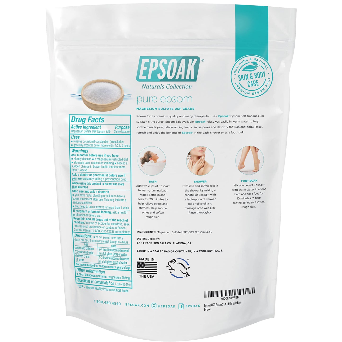 Epsoak Epsom Salt 10 lb. Magnesium Sulfate USP. Resealable Epsom Salt Bag Unscented, Made in The USA, Cruelty-Free Certified