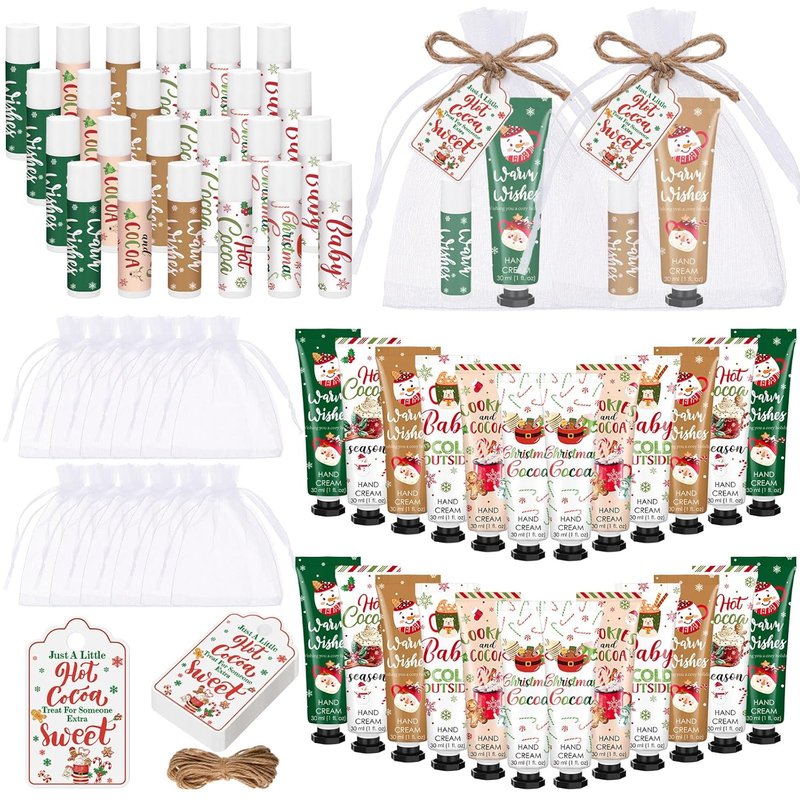 24 Pcs Christmas Hot Cocoa Party Favors - Hand Cream & Lip Balm Gift Set | Red & Green Xmas Stocking Stuffers