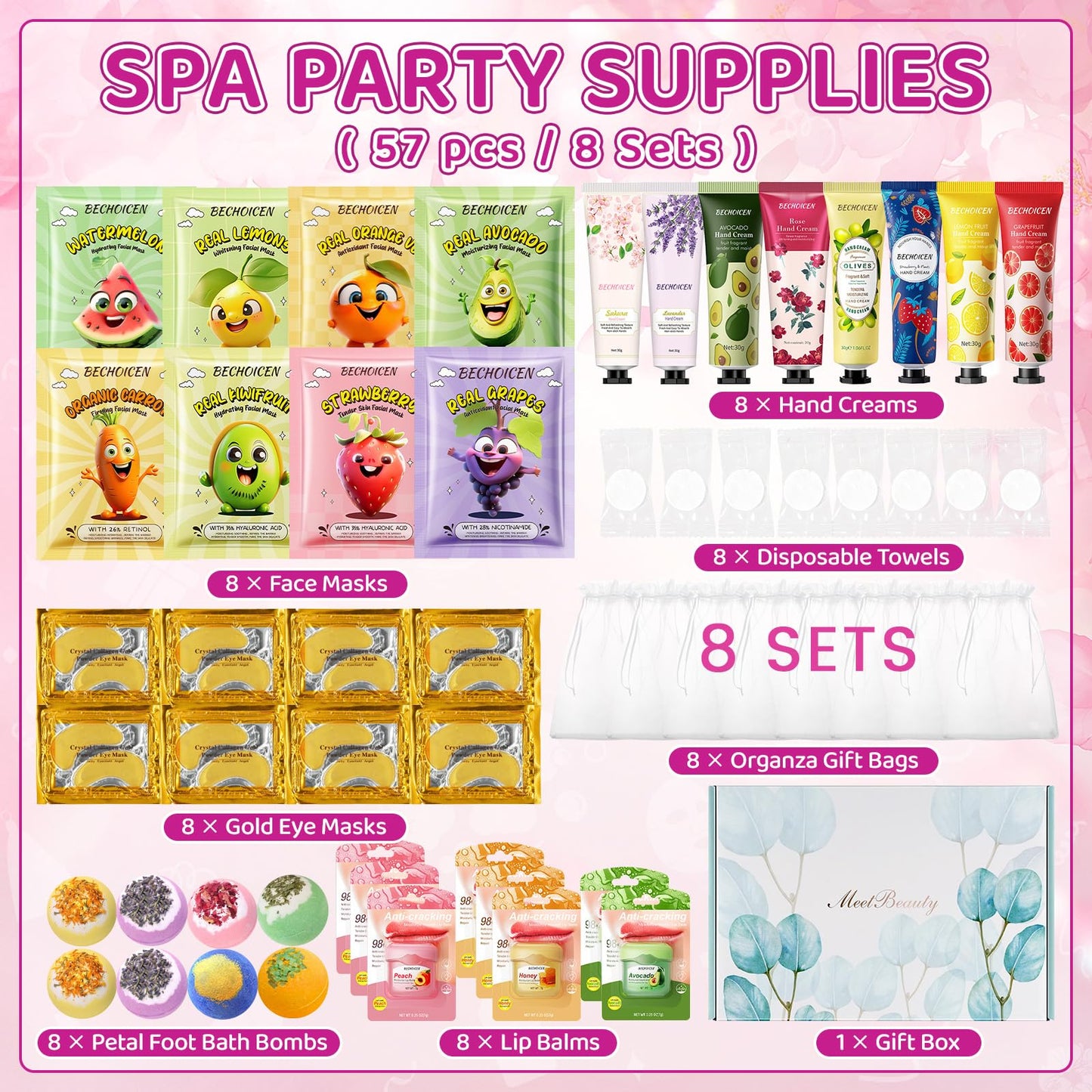 56Pcs Spa Party Supplies Set,Including 8 Spa Kits with Facial Masks Eye Patches Hand Cream Lip Balm Foot Bath Bombs,Ideal Gift for Sleepover,Spa Day,Slumber & Birthday Party Favors