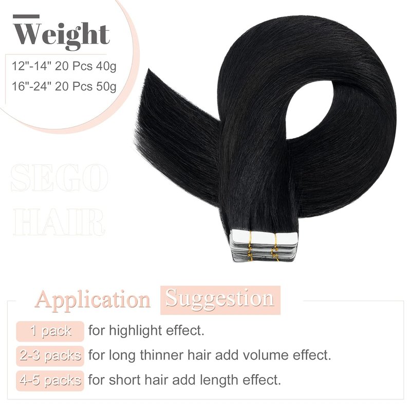 Tape In Hair Extensions - 16 Inch Black Remy Human Hair, 20pcs 50g | Straight #01 Jet Black