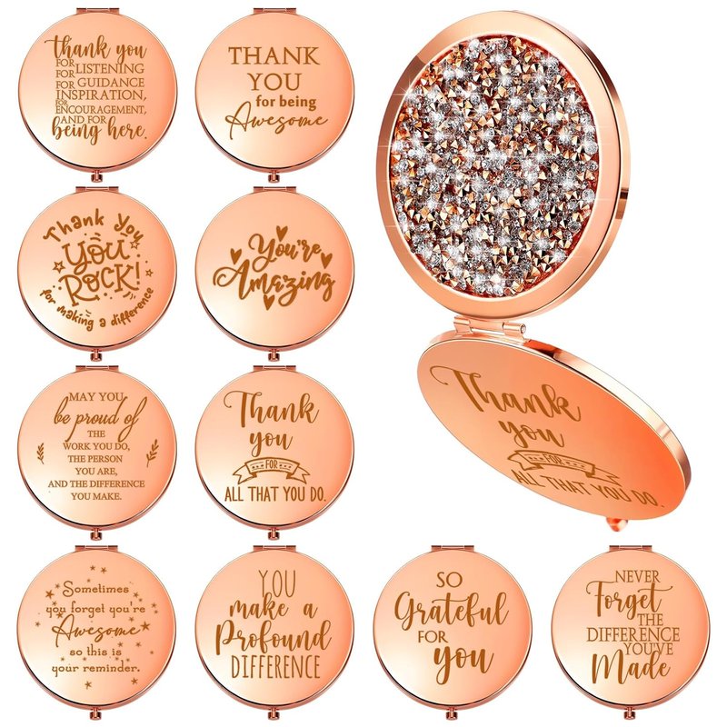 Inspirational Compact Mirror - 10 Pcs Thank You Gifts for Women | Portable Round Makeup Mirror in Rose Gold