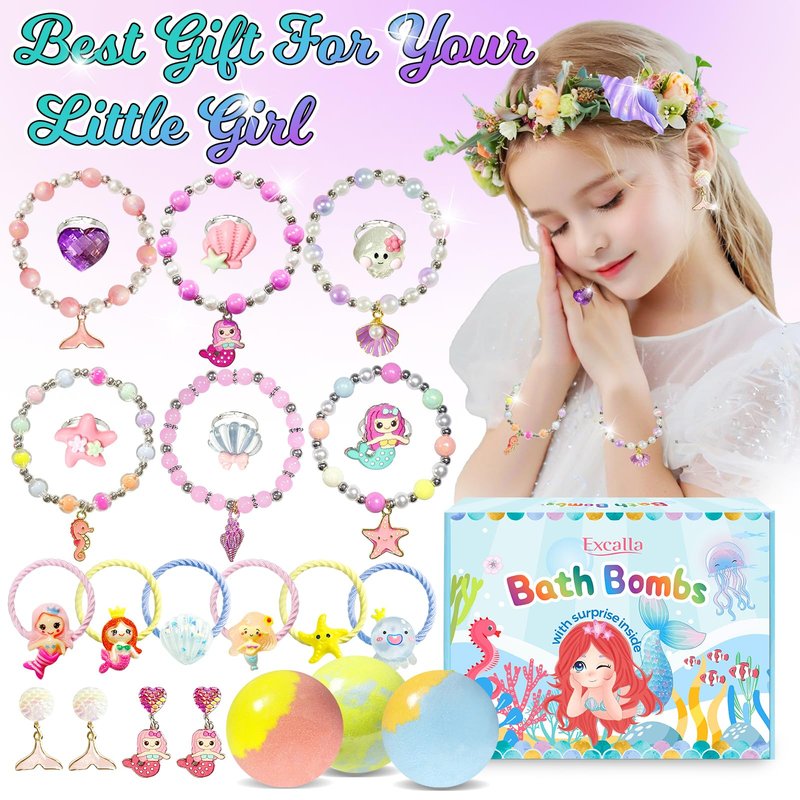 Bath Bombs for Girls Kids with Surprise Inside, 20 Fun Princess Fizzy Bath Bomb with Jewelry Toys, Mermaid Gifts for Daughter Granddaughter Niece, Girls Gift Set for Valentines Day, Easter, Birthday