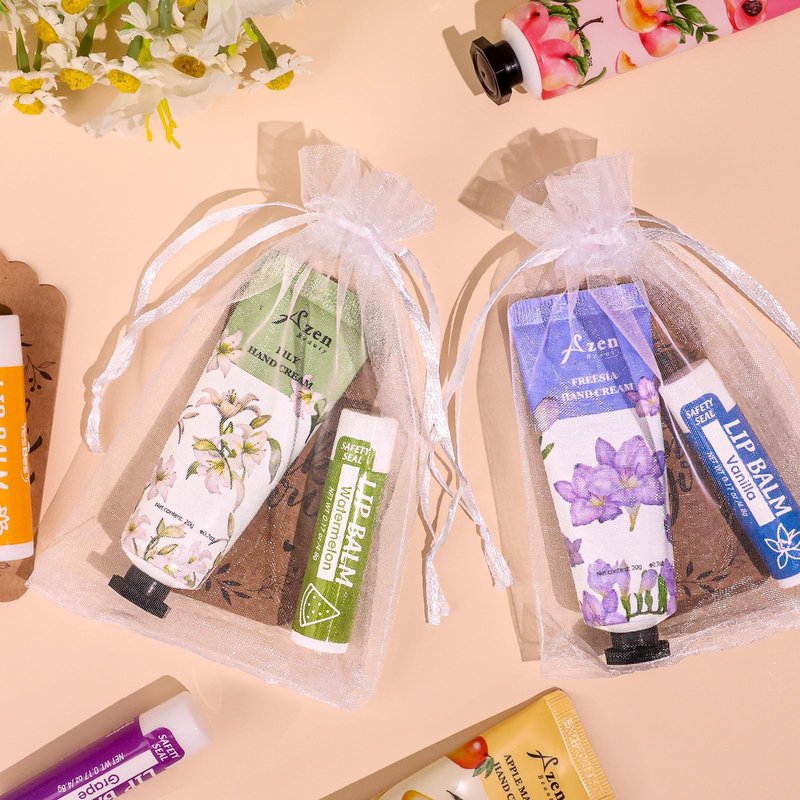 AZEN 32 Sets Bulk Gifts, Hand Cream and Lip Balm Bulk Set with Organza Bag Thank You Card, Baby Shower Wedding Gift for Guests, Bridal Wedding Favors for Guests, Mothers Day Gifts Stocking Stuffers
