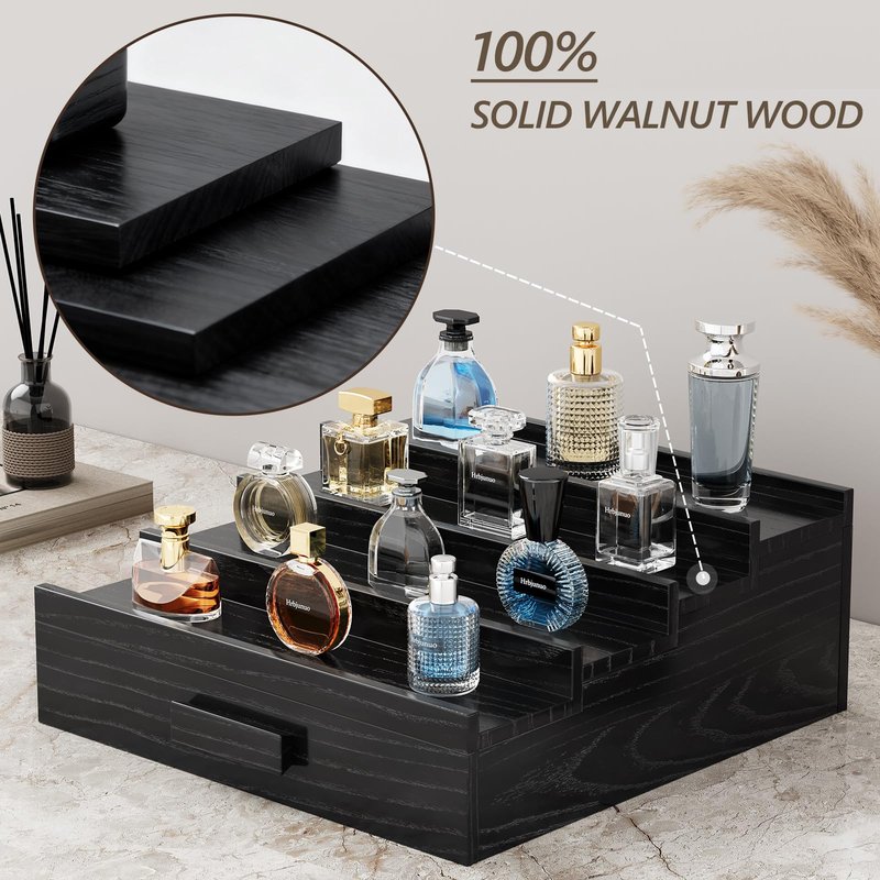 Hrbjunuo Solid Walnut Cologne Organizer for Men, 4 Tier Cologne Stand, Wooden Cologne Holder Display Shelf with Drawer Storage and Hidden Compartment, Black Perfume Stand Organizer, Gifts for Men