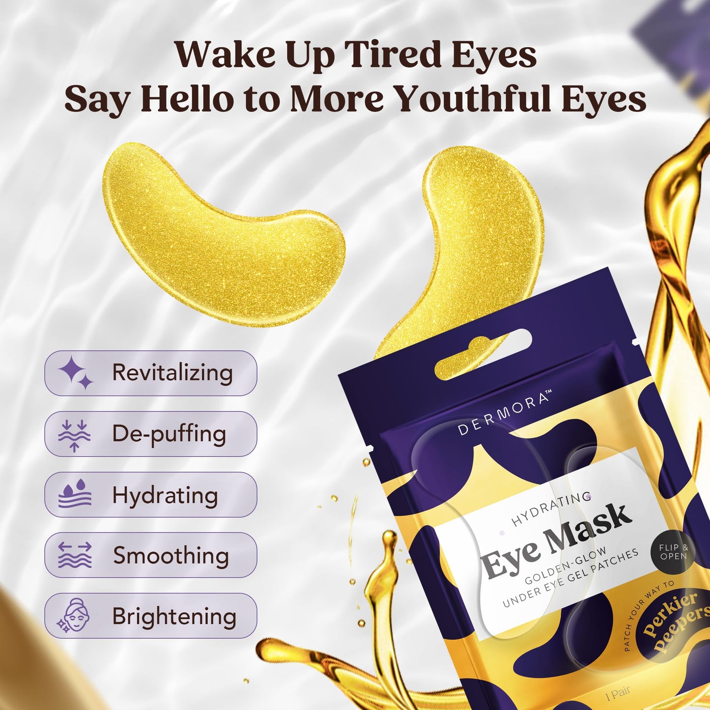 DERMORA Golden Glow Under Eye Patches - 20 Pairs Individually Packed, Hydrating Soft Gel Eye Masks for Puffiness, Wrinkles, Dark Circles & Fine Lines, Glowing Skin, Travel Friendly