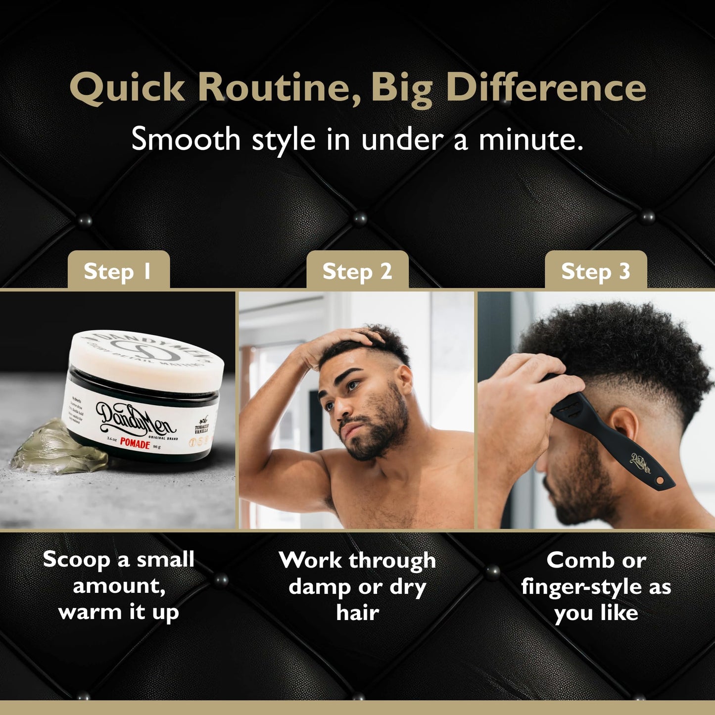 DandyMen Pomade – Strong Hold, High Shine, and Hydrating Formula with Pro-Vitamin B5 – Tobacco Vanilla Scent – 3.4 oz