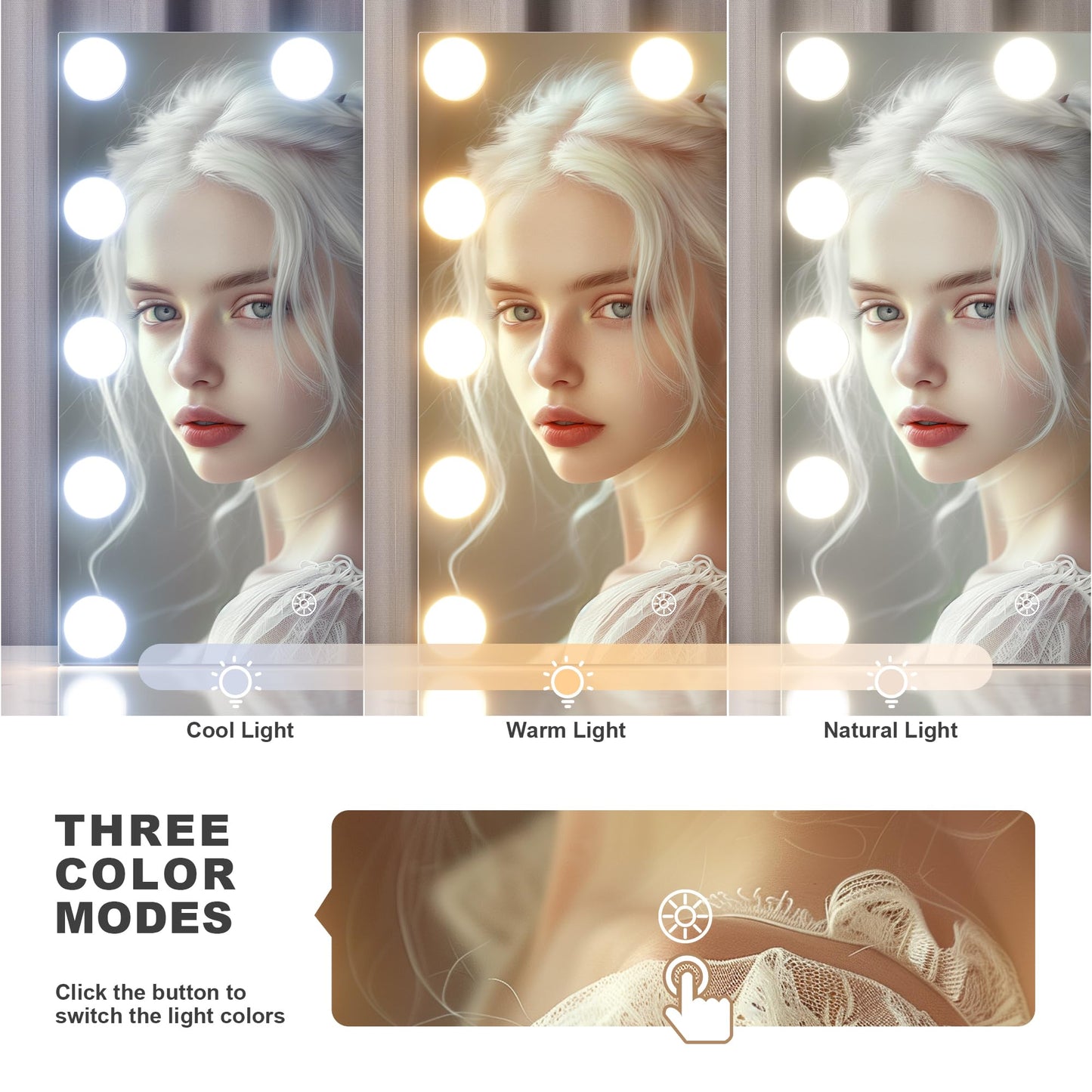 Hasipu Vanity Mirror with Lights - 11" x14”Hollywood Makeup Mirror with 11 Dimmable LED Bulbs, 10X Magnification, 3 Color Modes, Touch Control & USB Port, 360° Rotation