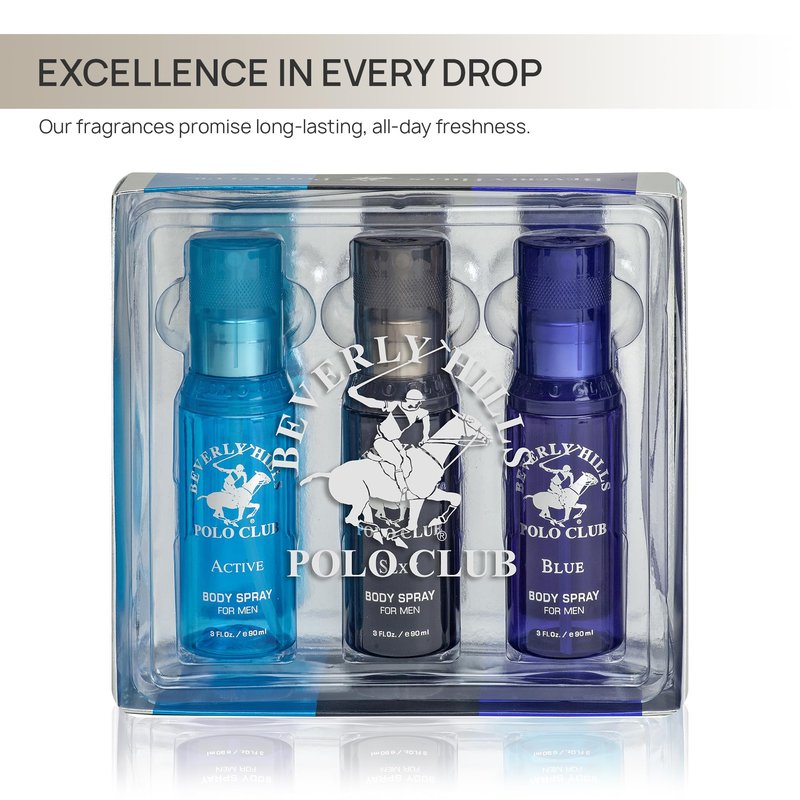 Beverly Hills Polo Club Men's Signature Body Spray Collection | 3-Piece Set: Blue, Active, Sexy | Versatile Fragrances for Every Occasion | Travel-Friendly 3 fl oz Each | Premium Grooming Gift for Him