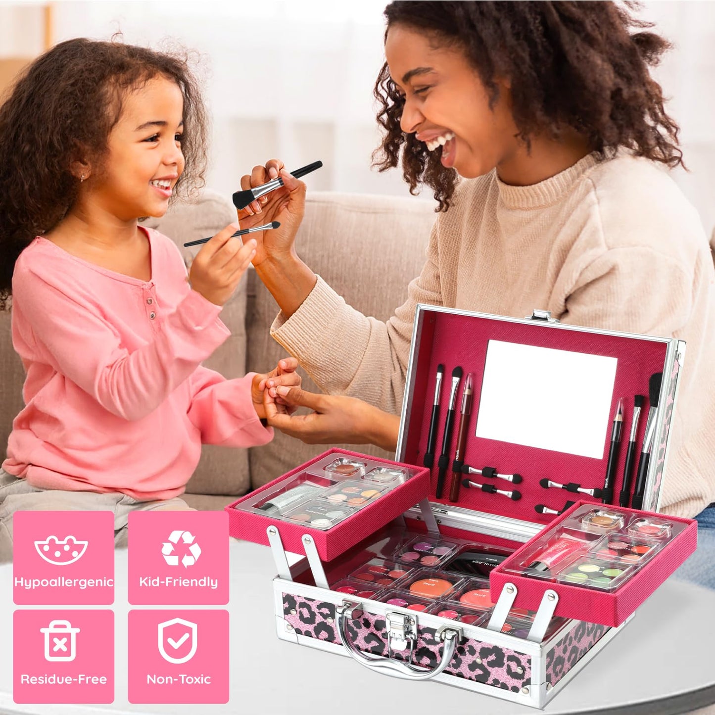 Anpro All-In-One Leopord Double Folding Makeup Kit with Case, Pro Teen Makeup Set, Full Starter Kit with Makeup Brushes, Lipsticks, Eyeshadow Palette, Blushes, Glitter Gel, Ideal Present for Girls
