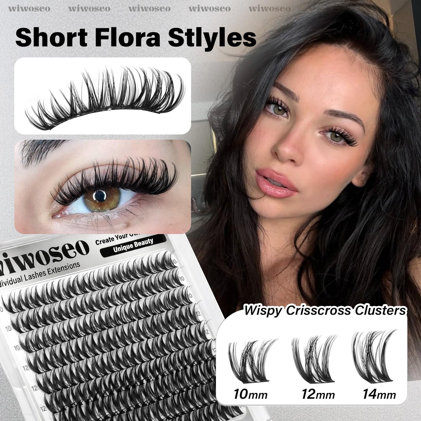 wiwoseo Flora Lash Clusters 10-14mm Flaunt Lash Clusters D Curl Short Lashes Clusters Wispy Individual Lashes Flaunt Lashes Clusters Short Eyelash Clusters Natural Lashes Cluster for Daily Makeup