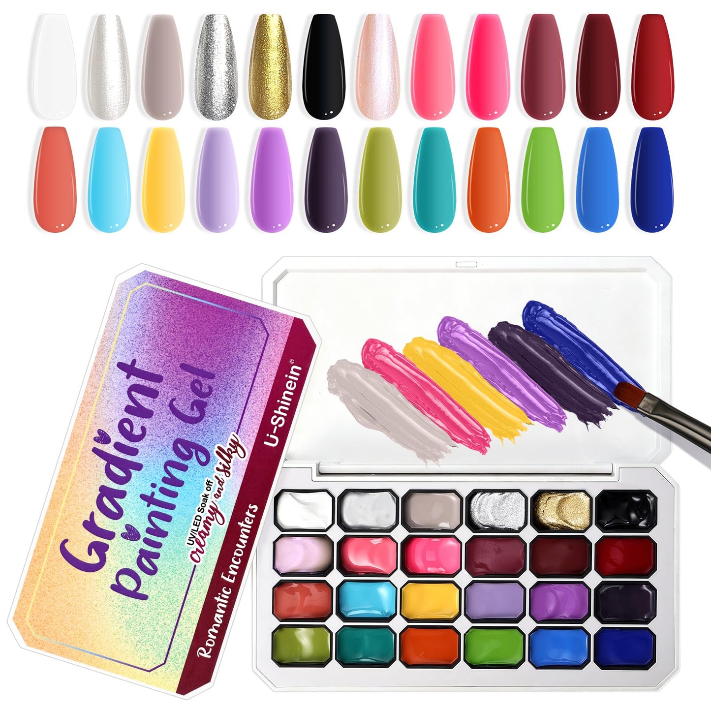 U-Shinein 24 Colors Gradient Nail Gel Palette, Hema＆TPO Free Bright Glitter Gold&Silver Pearlescent Ombre Gel Nail for Pigment Painting Pat Nails Gel, Perfect with Salon Pro DIY Home Nail Art (A)