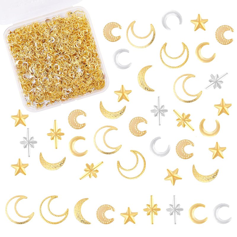 OLYCRAFT 1800Pcs Star Moon Resin Fillers Cosmos Theme Brass Charms Cabochons Hollow Moon Epoxy Resin Accessories Alloy Epoxy Resins Supplies Nail Art Decoration - Golden & Sliver
