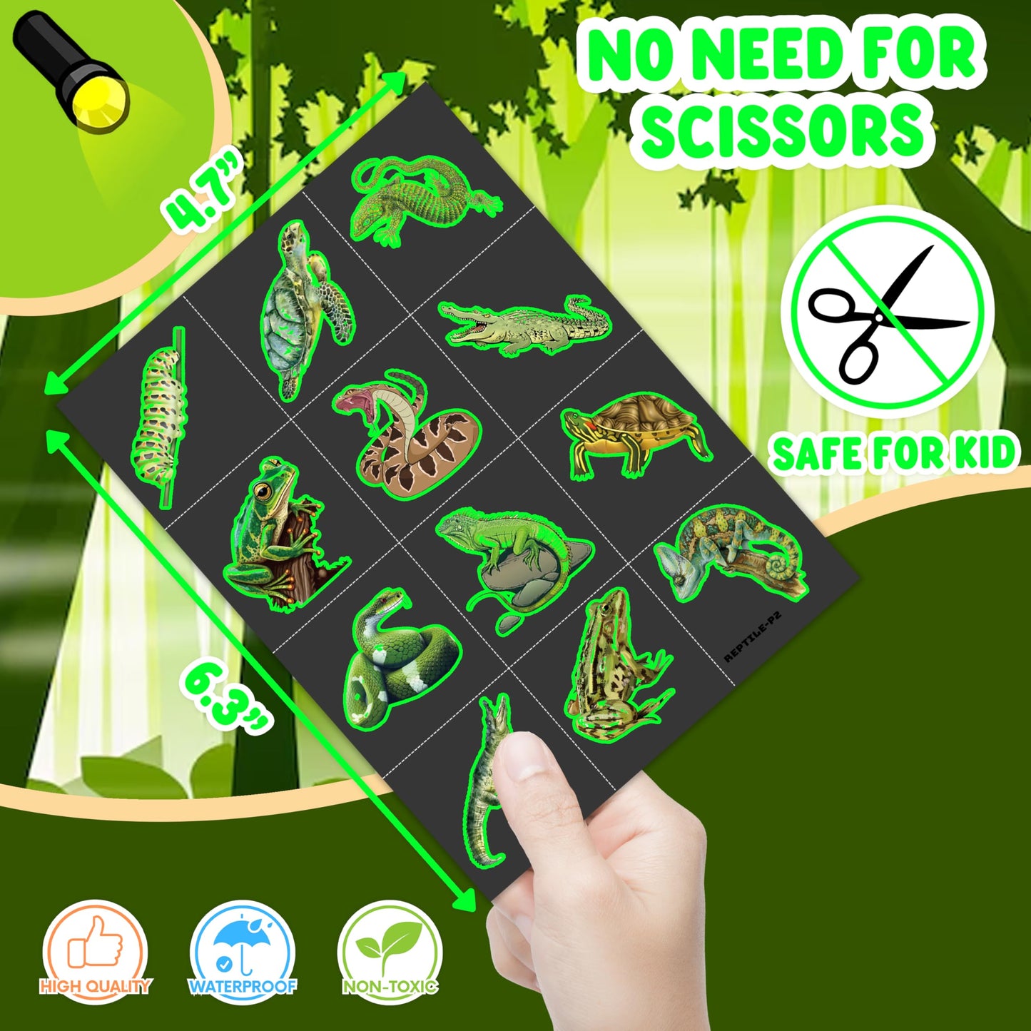 96 PCS Reptile Luminous Temporary Tattoos Glows Pre-Cut Birthday Party Decorations Favors Supplies Lizard Snake Turtle Safari Animals Stickers For Boys Girls Gift School Prizes Rewards (Luminous)