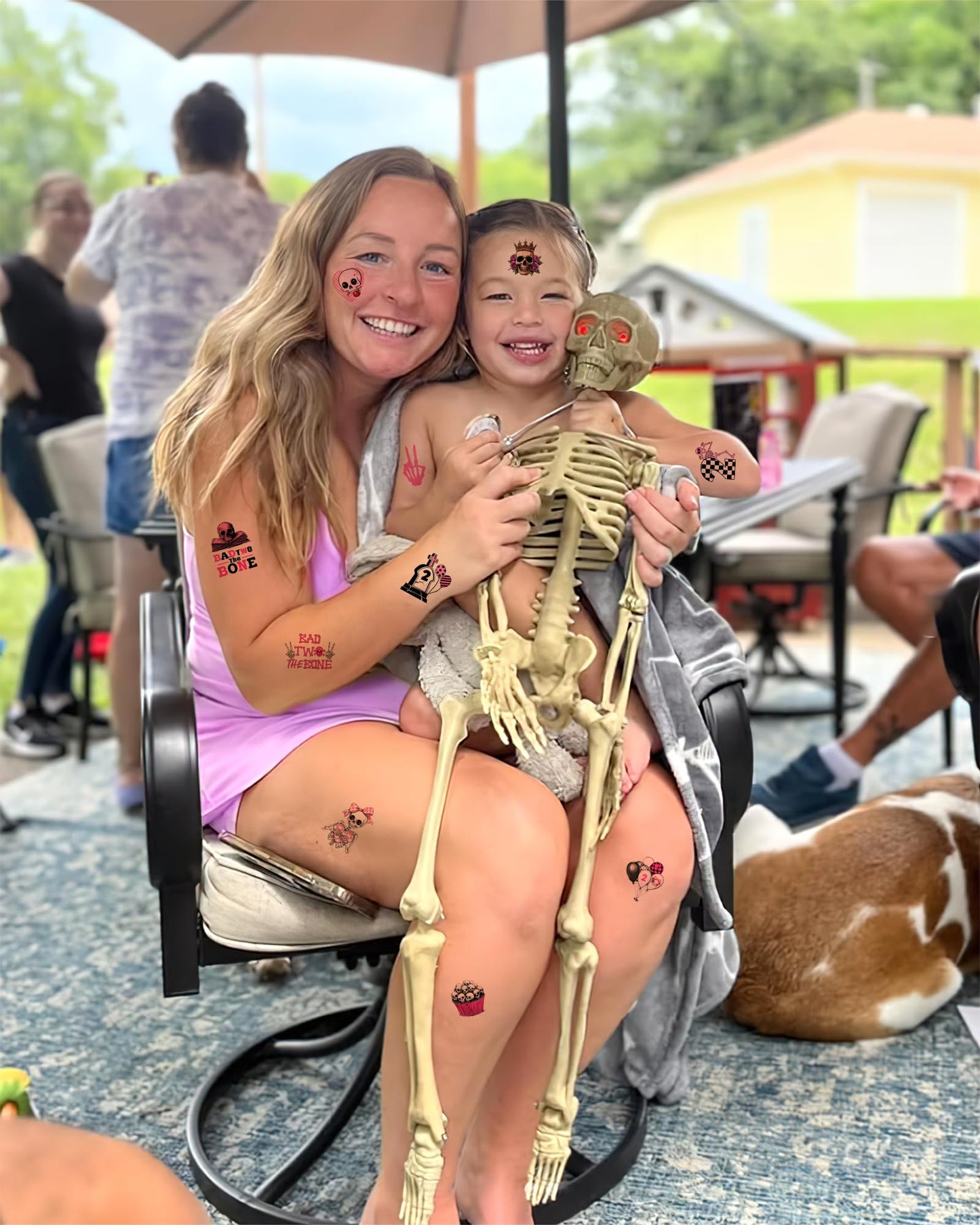 192 Pieces Bad Two The Bone Black and Pink Temporary Tattoos Stickers,20 Sheets 2nd Birthday Skeleton Themed Tattoos Stickers Party Decoration Supplies Party favors