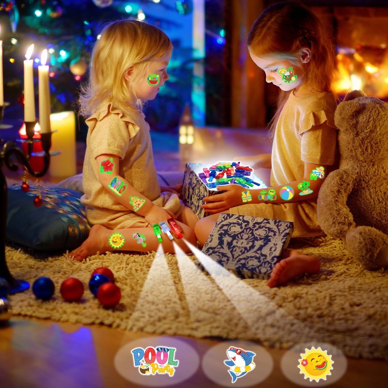 72 PCS Summer Glow in The Dark Party Favors for Kids – 48 Luminous Tattoos & 24 LED Finger Lights, Birthday Goodie Bag Fillers, Pinata Stuffers, Neon Party Supplies for Boys & Girls