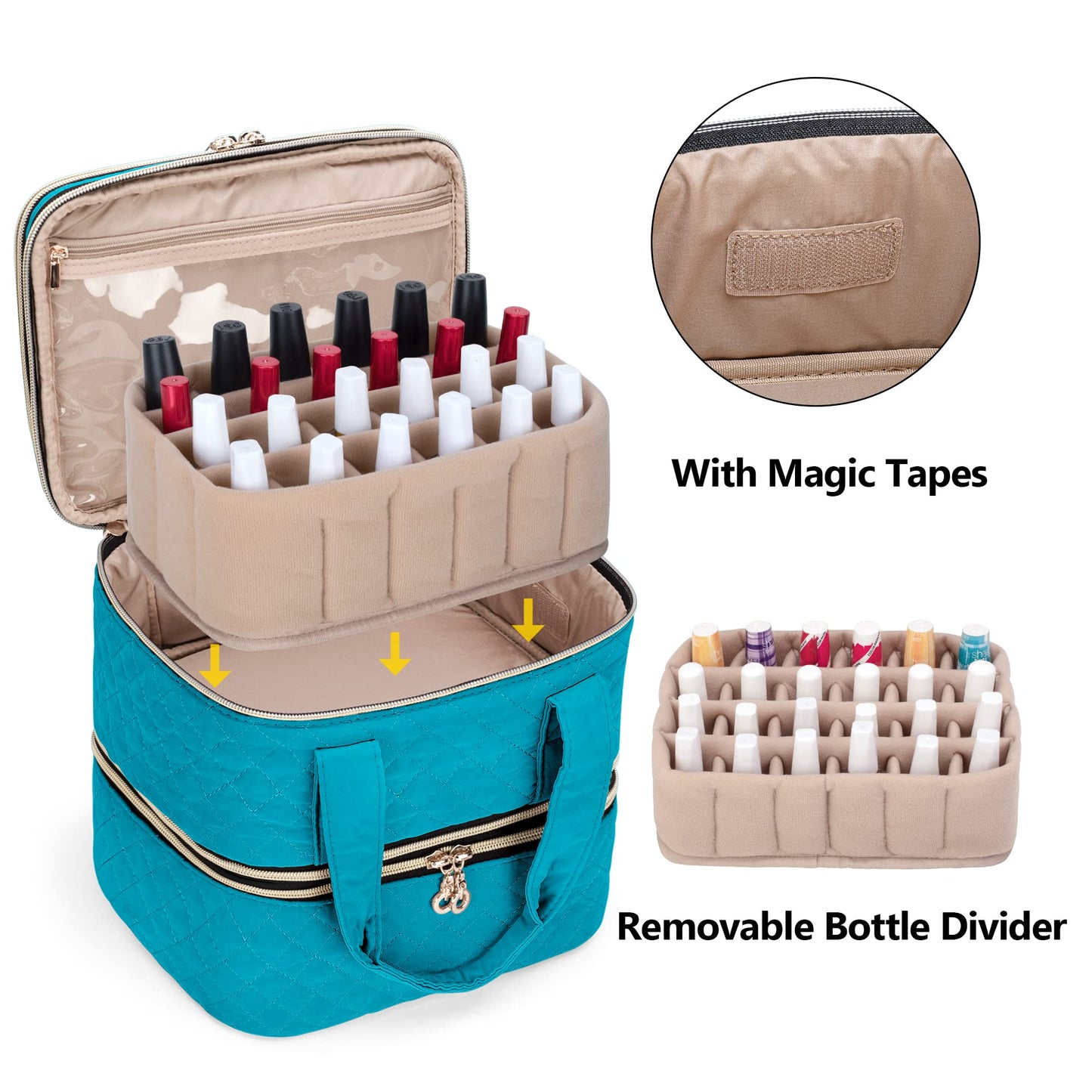 Yarwo 3 Layers Nail Polish Organizer Holds 48 Bottles (15ml/0.5 fl.oz), Detachable Nail Polish Case with Adjustable Dividers, Travel Case for Manicure Set, Black (Bag Only, Patent Pending)
