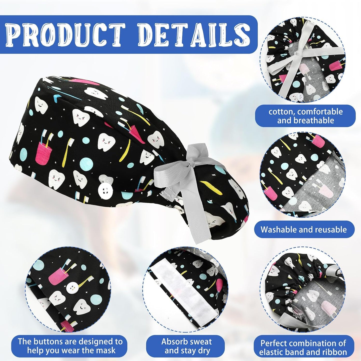Nurse Caps for Women - Adjustable Bouffant Dental Scrub Hats | 6 Pcs Set in Various Colors