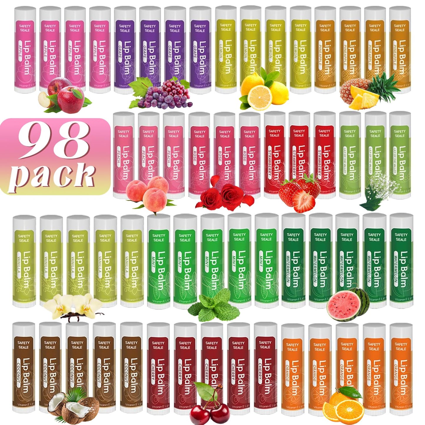 98 Pack Natural Lip Balm Bulk with Vitamin E and Coconut Oil - Moisturizing, Soothing, and Repairing Dry and Chapped Lips - 14 Flavors - Non-GMO, Valentine's Gifts