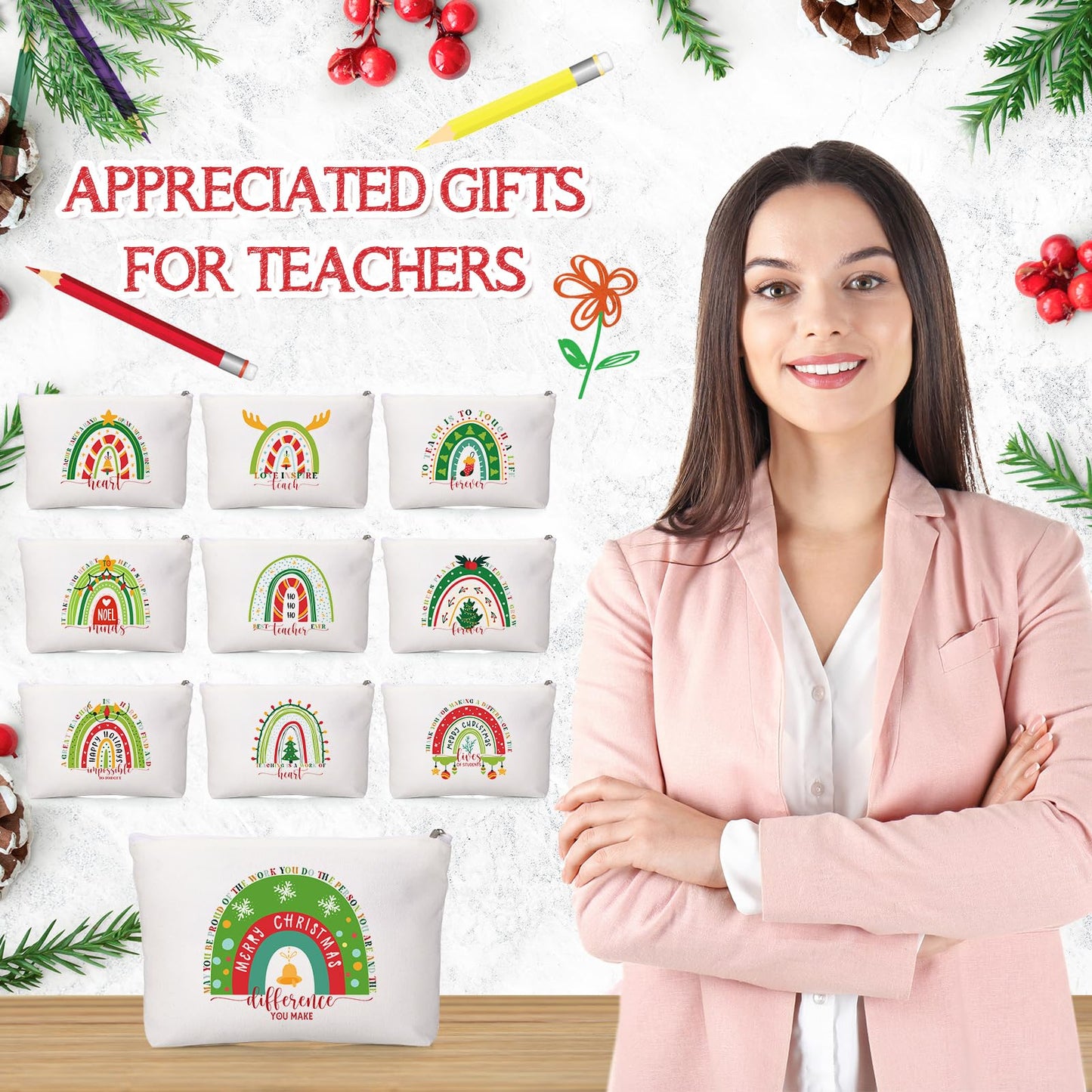 Coume 30 Pcs Teacher Appreciation Gifts Bulk for Women Inspirational Rainbow Canvas Makeup Bags Thank You Cosmetic Bags for End of Year Teacher Employee Coworker Gifts, 10 Styles(Joyous)