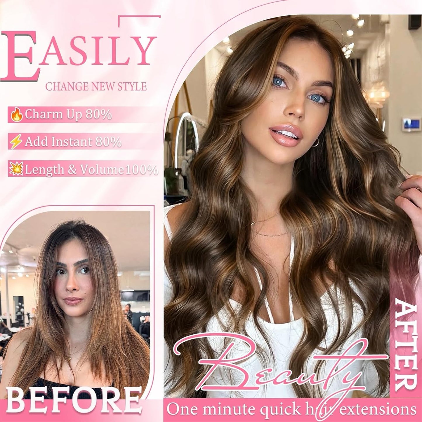 Clip In Hair Extensions - Real Human Hair Seamless Balayage | 16 Inch, 8 Pcs, Dark Brown & Chestnut Highlights