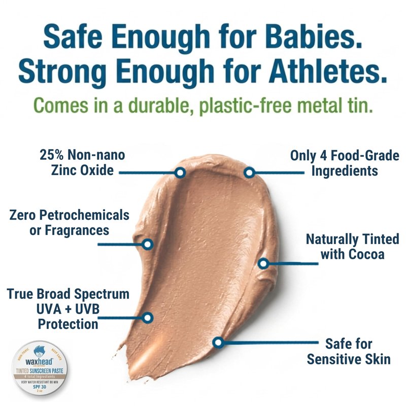 Waxhead Tinted Reef-Safe Mineral Sunscreen SPF 30 Zinc Oxide, Tint Zinc Face Sunscreen for Surfing & Swimming, Zinc Paste Sunblock for Nose & Face, Matte Finish, Travel Size 2 oz Tin