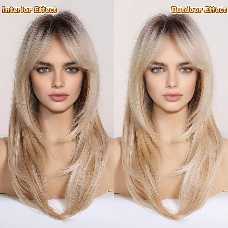 HAIRCUBE Blonde Wigs Long Curly Wigs Shoulder Length Heat Resistant Synthetic Wigs for Women with Bangs