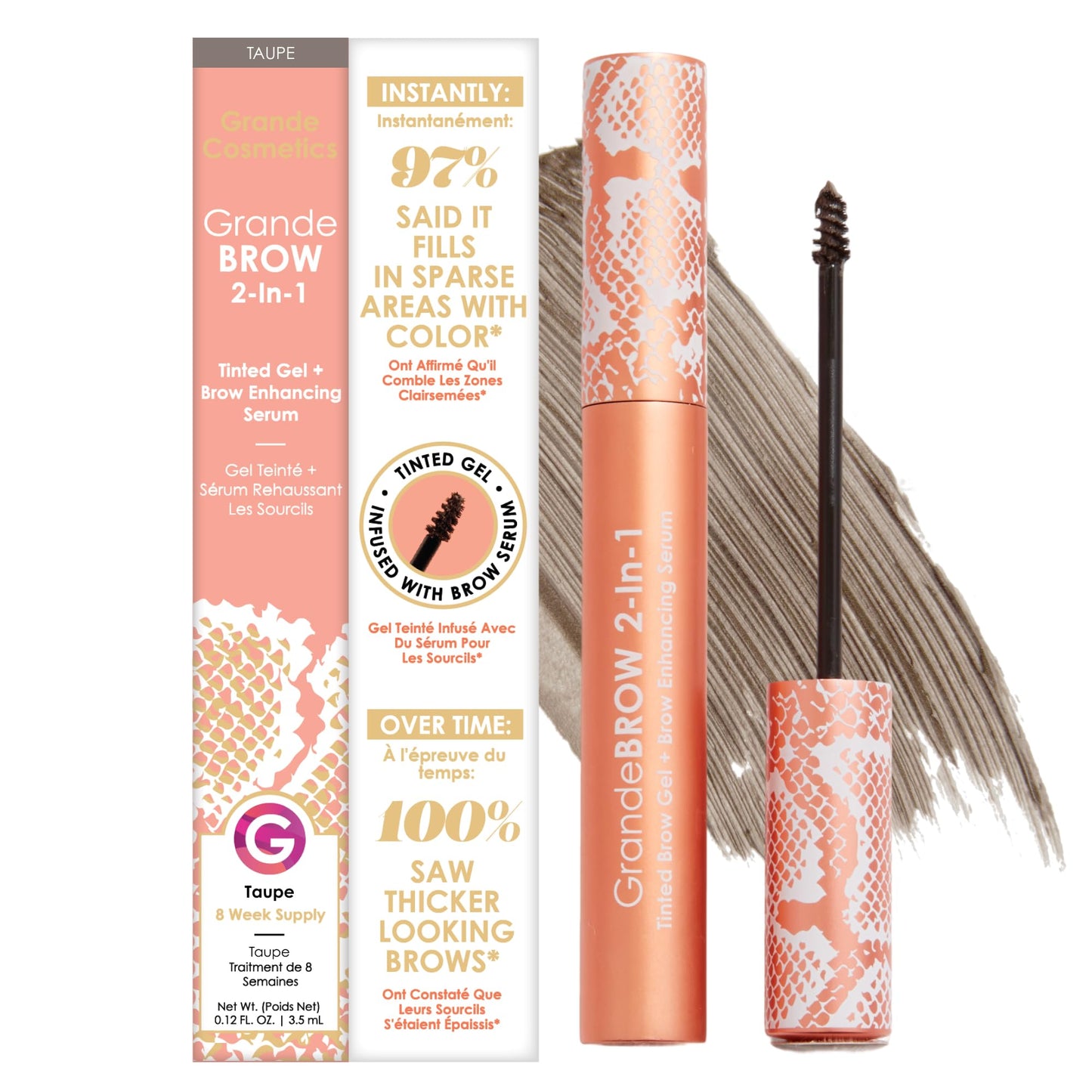 Grande Cosmetics GrandeBROW 2-in-1 Tinted Brow Gel + Brow Enhancing Serum for Thicker & Darker-Looking Eyebrows, Shape & Fill Brows, with Castor Oil & Mini Fibers - Taupe, Full Size (0.12 fl oz)