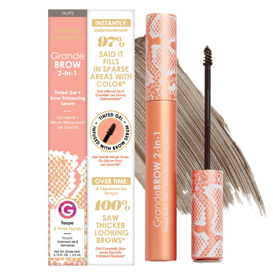 Grande Cosmetics GrandeBROW 2-in-1 Tinted Brow Gel + Brow Enhancing Serum for Thicker & Darker-Looking Eyebrows, Shape & Fill Brows, with Castor Oil & Mini Fibers - Taupe, Full Size (0.12 fl oz)