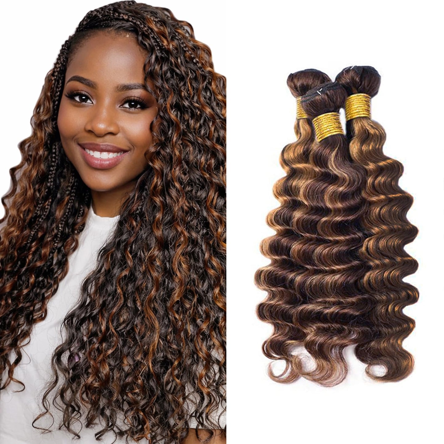 P4/30 Highlight Human Hair Deep Wave Bundles 10 12 14 Inch Brazilian Virgin Hair Double Weft Quick Weave 3 Bundles Soft Silky Weave for Black Women