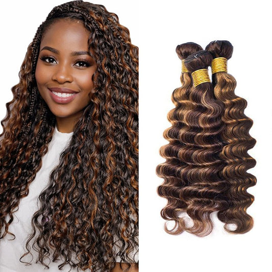 P4/30 Highlight Human Hair Deep Wave Bundles 10 12 14 Inch Brazilian Virgin Hair Double Weft Quick Weave 3 Bundles Soft Silky Weave for Black Women