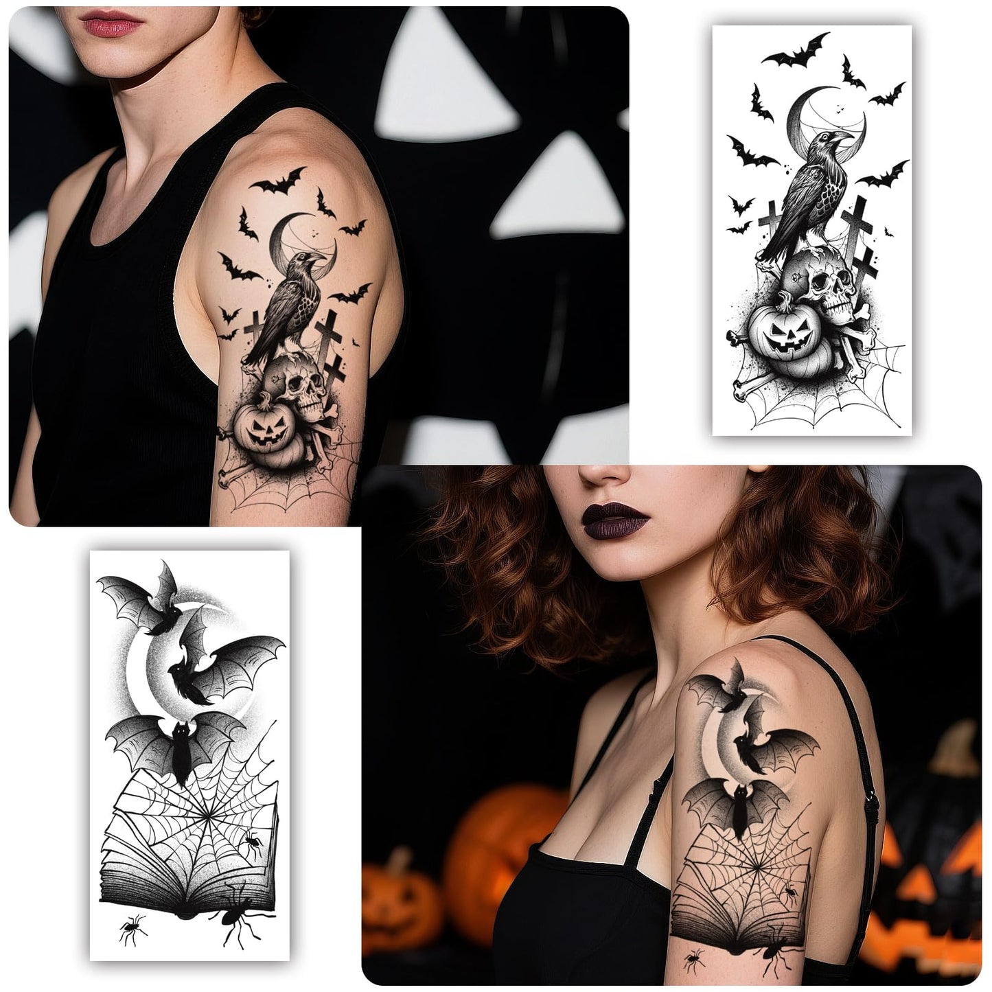 77 PCS Halloween Temporary Tattoos Adult Kids, 17 PCS Half Sleeve Pumpkin Bat Crow Witch Skull Fake Tattoos, 60 PCS Spider Cat Ghost Scar Tiny Realistic Face Body Tattoos Stickers