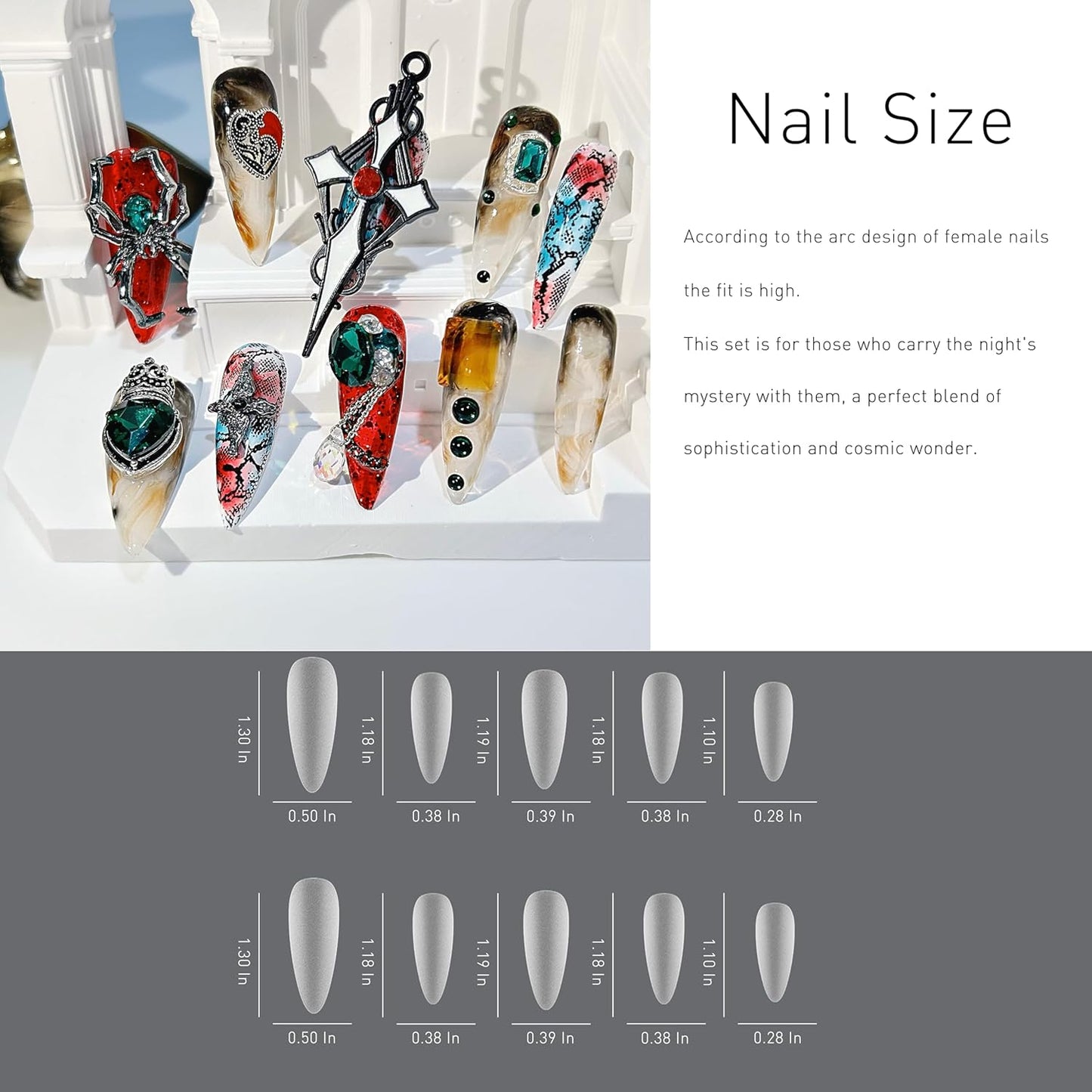 Luxury Handmade Almond Press-On Nails - Reusable Halloween Goth Style (10pcs, Red Spider)