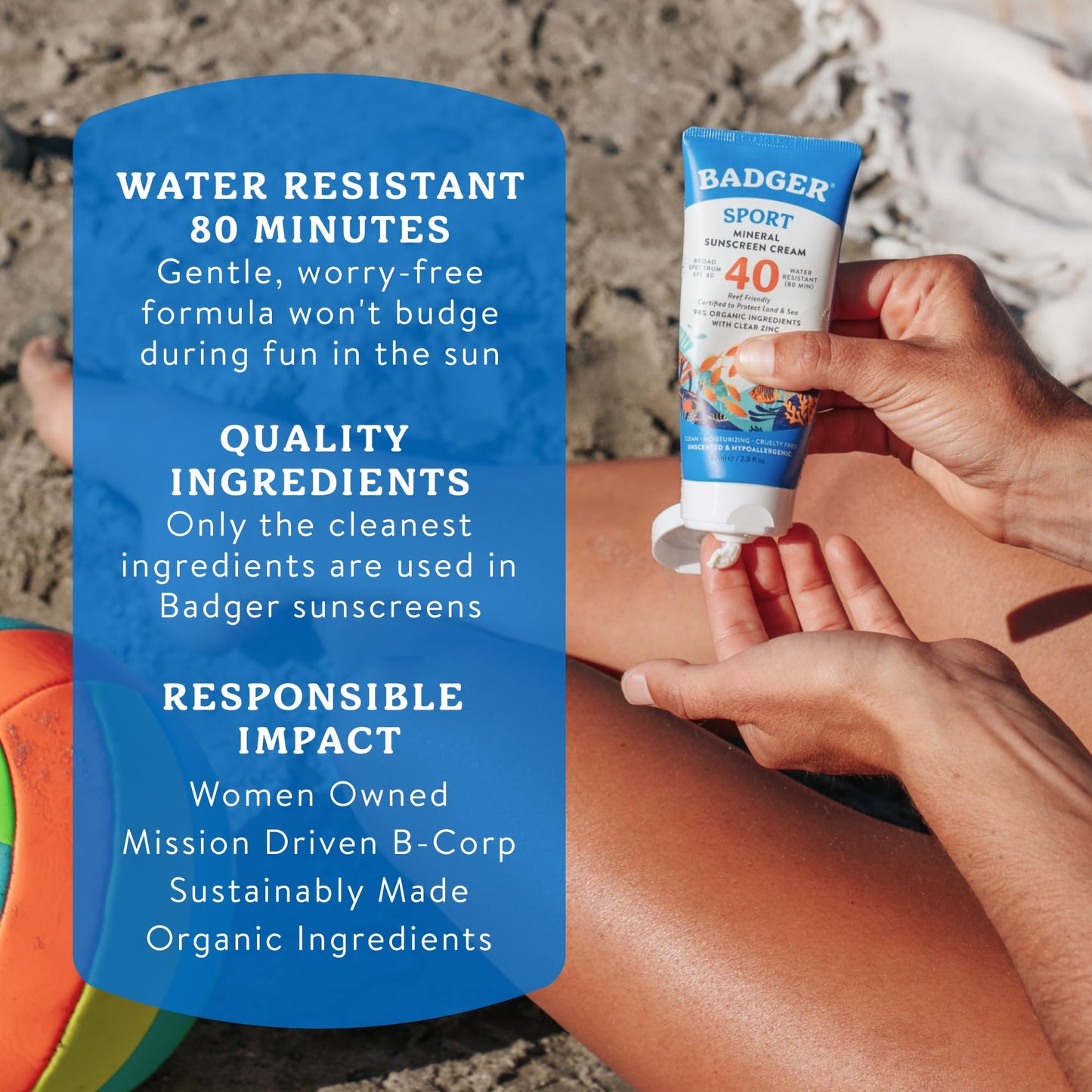 Badger Reef Safe Sunscreen Tin, Unscented SPF 40 Sport Mineral Sunscreen, 98% Organic, 80min Water Resistant Travel Size Hawaii Approved, 2.4 oz Tin, 2-Pack