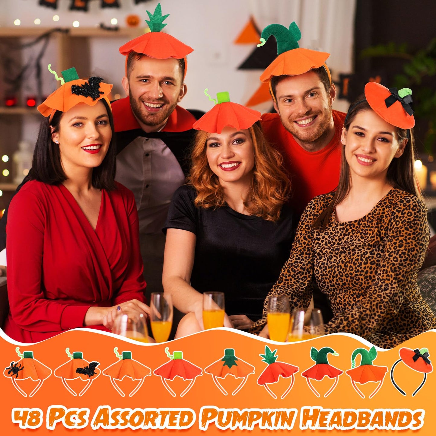 Hotop 48 Pcs Halloween Pumpkin Headbands, Pumpkin Hat Dress up Headband Hair Bands Hair Hoops, Halloween Costume Party Supplies Headwear Accessories for Women Adult