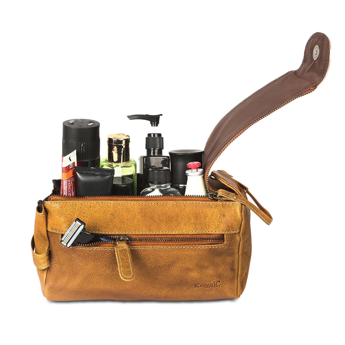 KomalC Premium Buffalo Leather Toiletry Bag for Men & Women With Water resistant Lining, Grooming Travel Pouch, Unisex Wash Bag for Toiletries, Gifts for Men and Women