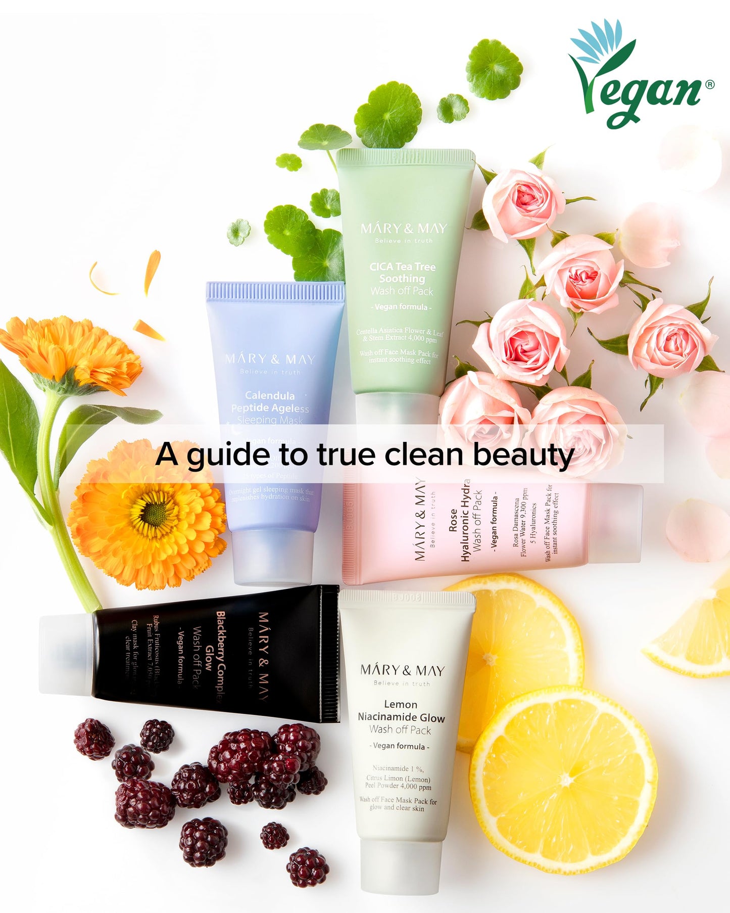 Mary&May Vegan Wash Off Mask Mini Gift Set - Cica Tea Tree, Rose Hyaluronic, Lemon Niacinamide, Blackberry Complex, Calendula Peptide - Soothing, Hydrating, Radiant Skin, Anti-Aging, 1.01oz. 5 Pack