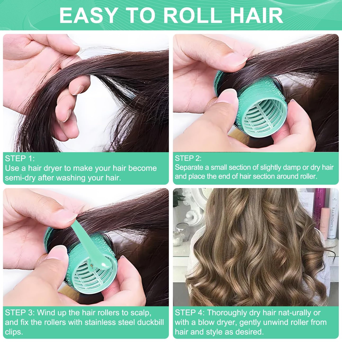 Hair Rollers, 12 Pack Self Grip Salon Hairdressing Curlers, DIY Curly Hairstyle,Colors May Vary