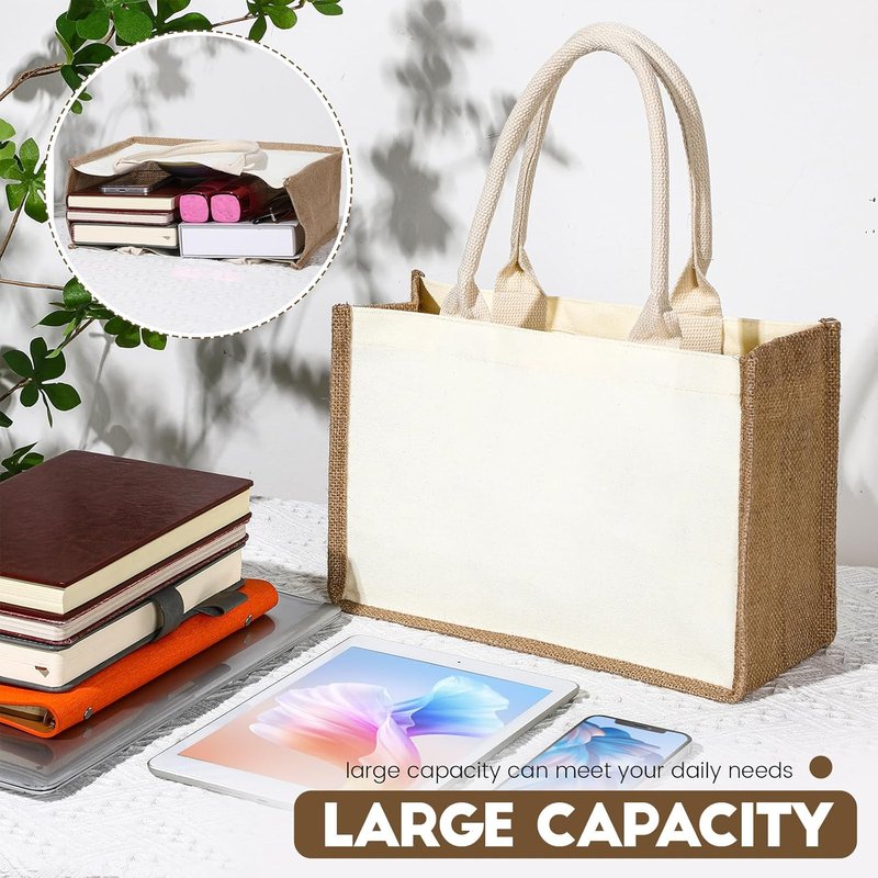 Jute Burlap Tote Bag Set - 4 Reusable Bags with Canvas Makeup Pouch | Simple Beige Gift Bags for Weddings & DIY Crafts