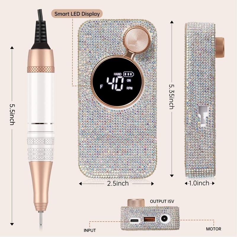 CHRISTINE SHELLY Rechargeable 40000RPM Nail Drill Sparkling Portable Professional Electric Nail File with 12 Drill Bits for Manicure Salon & Home, Glitter (AB Diamond)
