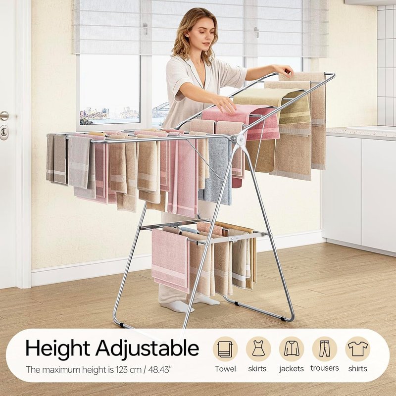 Folding Clothes Drying Rack - Stainless Steel, Height-Adjustable, Space-Saving | Indoor/Outdoor Use, Chrome Finish