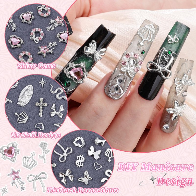 220Pcs Silver Nail Charms, 24 Styles 3D Cross Nail Charms Pink Heart Nail Rhinestones Bow Butterfly Star Crown and Virgin Mary Y2K Shiny Jewelry with Tweezer for Nail Art Supplies
